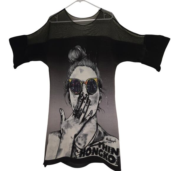 Thin Hongkoi Graphic Harajuka Style Plisse Kimono Sleeve Sheer Midi Dress - Picture 2 of 11